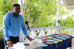 Hon. Troy Liburd, Junior Minister of Education in the Nevis Island Administration, speaking at a November 11, 2020 ceremony where the CCM Women’s Arm donated supplies to two students from each of the seven public primary schools on Nevis and the Cecele Browne Integrated School