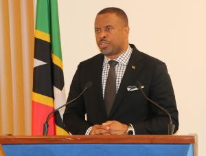 Hon. Mark Brantley, Premier of Nevis and Minister of Energy in the Nevis Island Administration at his monthly press conference in Cabinet Room at Pinney’s Estate on November 26, 2020