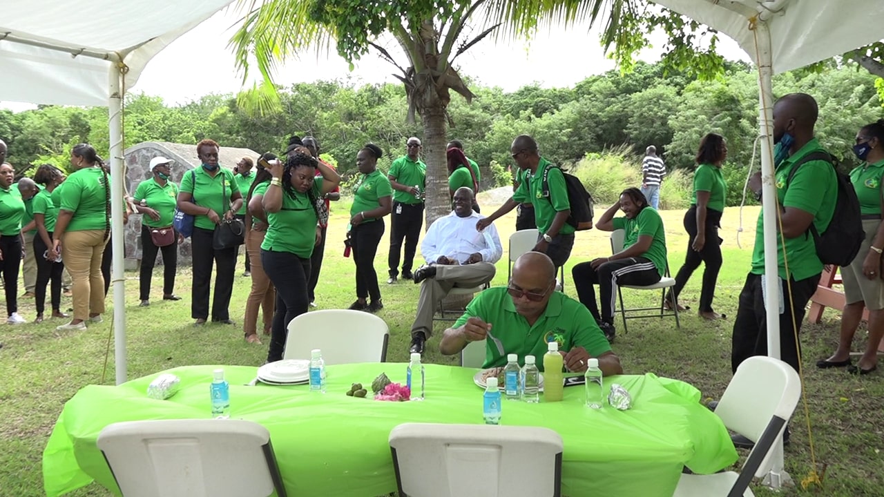 Staff from the Ministry of Tourism on St. Kitts at the Nevisian Heritage Village in Fothergill's Estate, Gingerland during a day trip to Nevis on November 20, 2020, hosted by the Ministry of Tourism on Nevis