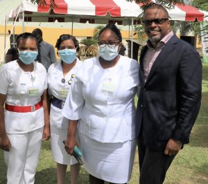 (far right) Premier of Nevis Hon. Mark Brantley, Minister of Finance and Senior Minister of Health in the Nevis Island Administration, with nurses at the Alexandra Hospital, Nevis (file photo)