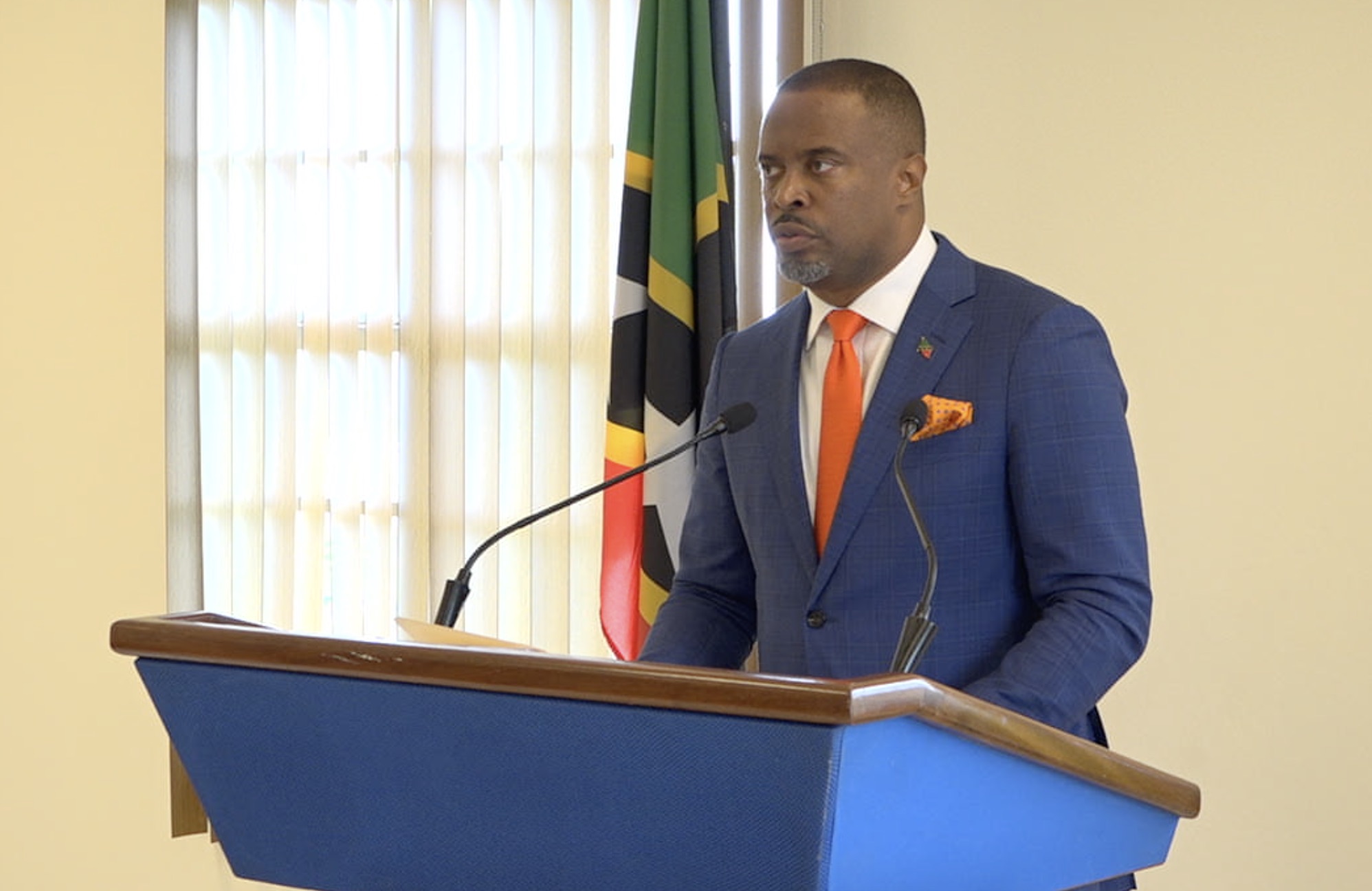 Hon. Mark Brantley, Premier of Nevis and Minister of Health at his recent press conference in Cabinet Room at Pinney’s Estate
