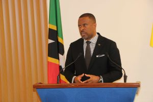 Hon. Mark Brantley, Premier of Nevis at his monthly press conference in Cabinet Room at Pinney’s Estate on November 26, 2020