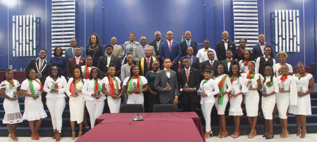 Awardees for the 25 Most Remarkable Teens 2020/2021 with members and staff of the National Assembly at a ceremony held at the Rivers of Living Water Christian Centre at Lime Kiln, Basseterre, on November 26, 2020