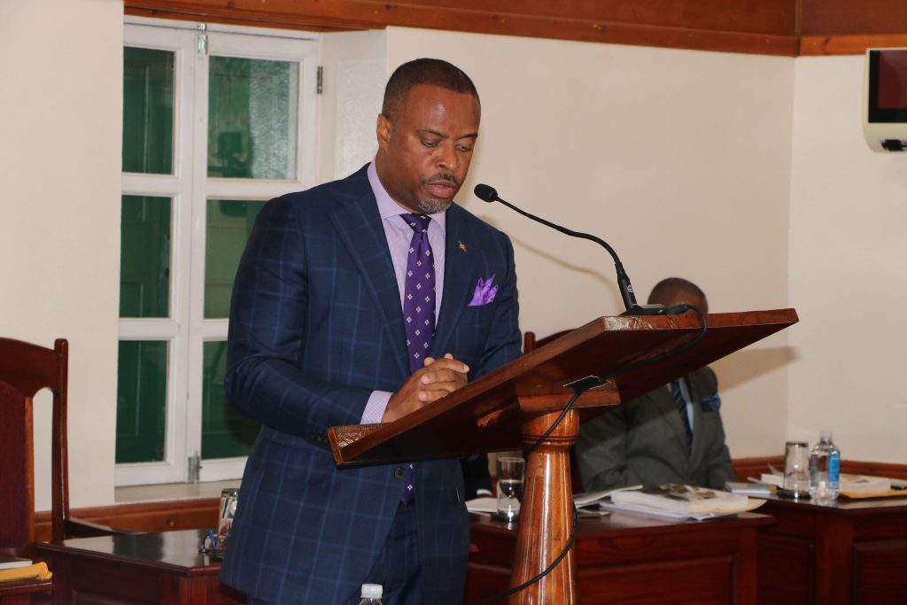 Hon. Mark Brantley, Premier of Nevis and Minister of Finance, delivering the 2021 Budget Address at a recent sitting of the Nevis Island Assembly at Hamilton House