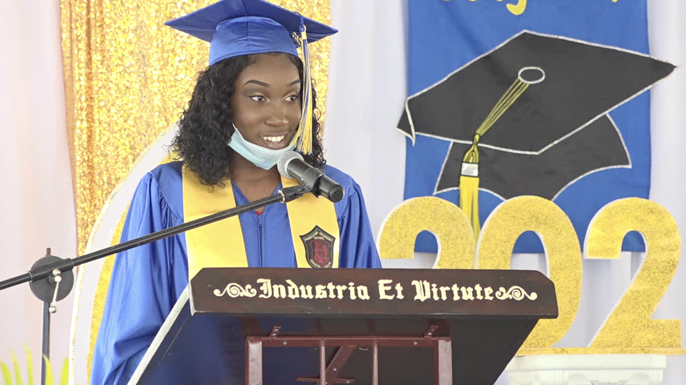 Ms. Donella Thompson, valedictorian of the Charlestown Secondary School’s Graduating Class of 2020 delivering her valedictory address at the school’s 2020 graduation ceremony at the Nevis Cultural Village on December 08, 2020