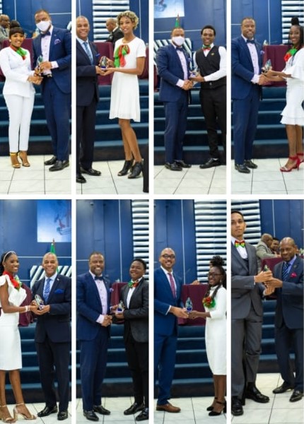 Eight Nevisian youths receive the Ministry of Youth Empowerment’s 25 Most Remarkable Teens in St. Kitts and Nevis 2020/2021 Awards at a special sitting of the National Assembly at the Rivers of Living Water Christian Centre at Lime Kiln, Basseterre, on November 26, 2020. (Top row) Nykeisha Henry with Hon. Mark Brantley, Nevis Premier, MP for Nevis #9; Elyse Thomas with Hon. Eric Evelyn, MP for Nevis #10; Keijarie Huggins with Hon. Mark Brantley; and Vanessa Simon with Hon. Mark Brantley. (Bottom row) Shai-Ann Tyson with Hon. Eric Evelyn; Terron Webb with Hon. Mark Brantley; Roddena Dacosta with Hon. Jonel Powell MP for Constituency #2; Gregory McGrath with Hon. Dr. Denzil Douglas, Leader of the Opposition and MP for Constituency #6