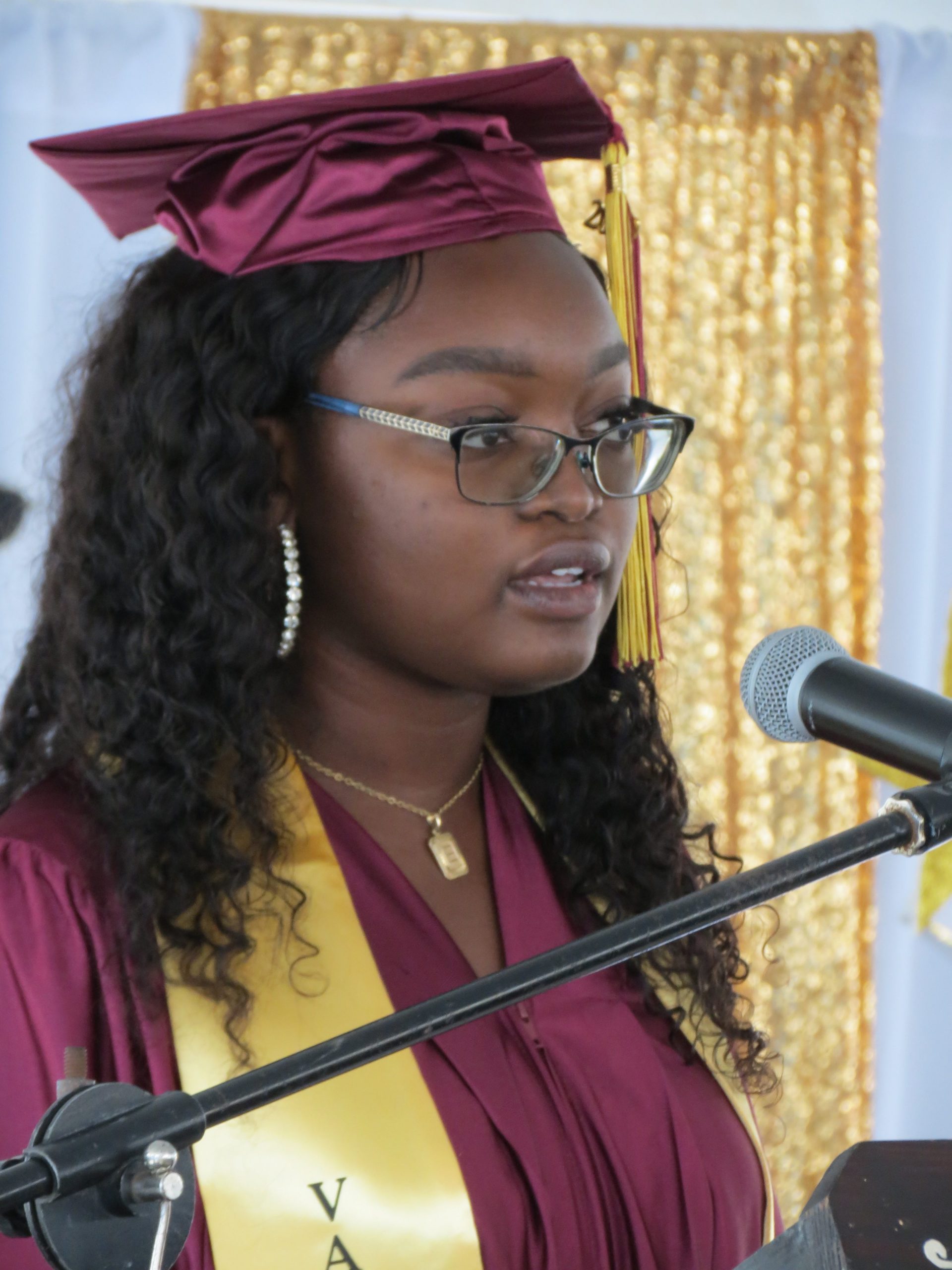 Miss Ercha Stapleton, valedictorian of the Nevis Sixth Form College Class of 2020, delivering the Valedictorian Address at the Graduation Ceremony at the Nevis Cultural Village on December 08, 2020 (photo by Lester Blackett)