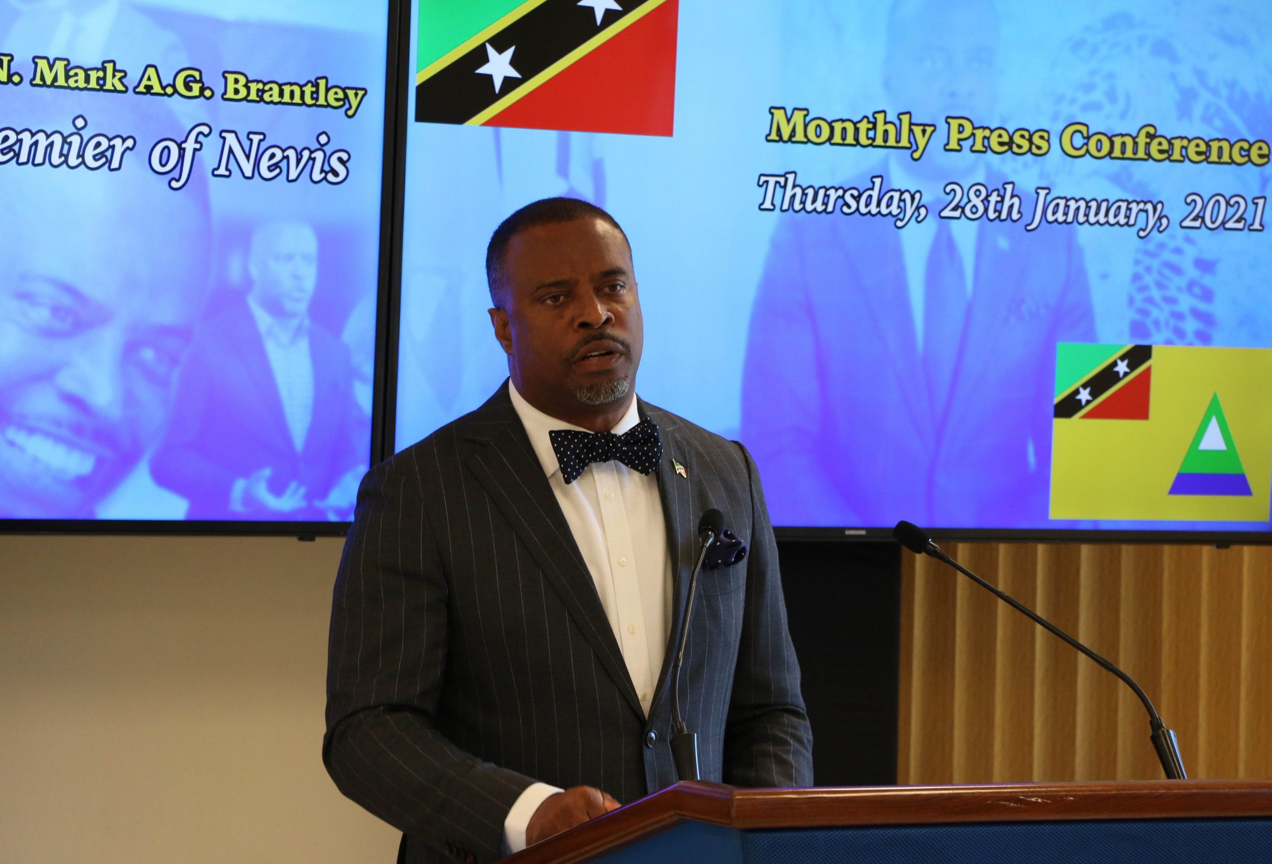 Nevis Premier, Hon. Mark Brantley, Minister of Finance and Foreign Investment in the Nevis Island Administration, presenting at his January 28, 2021, press conference