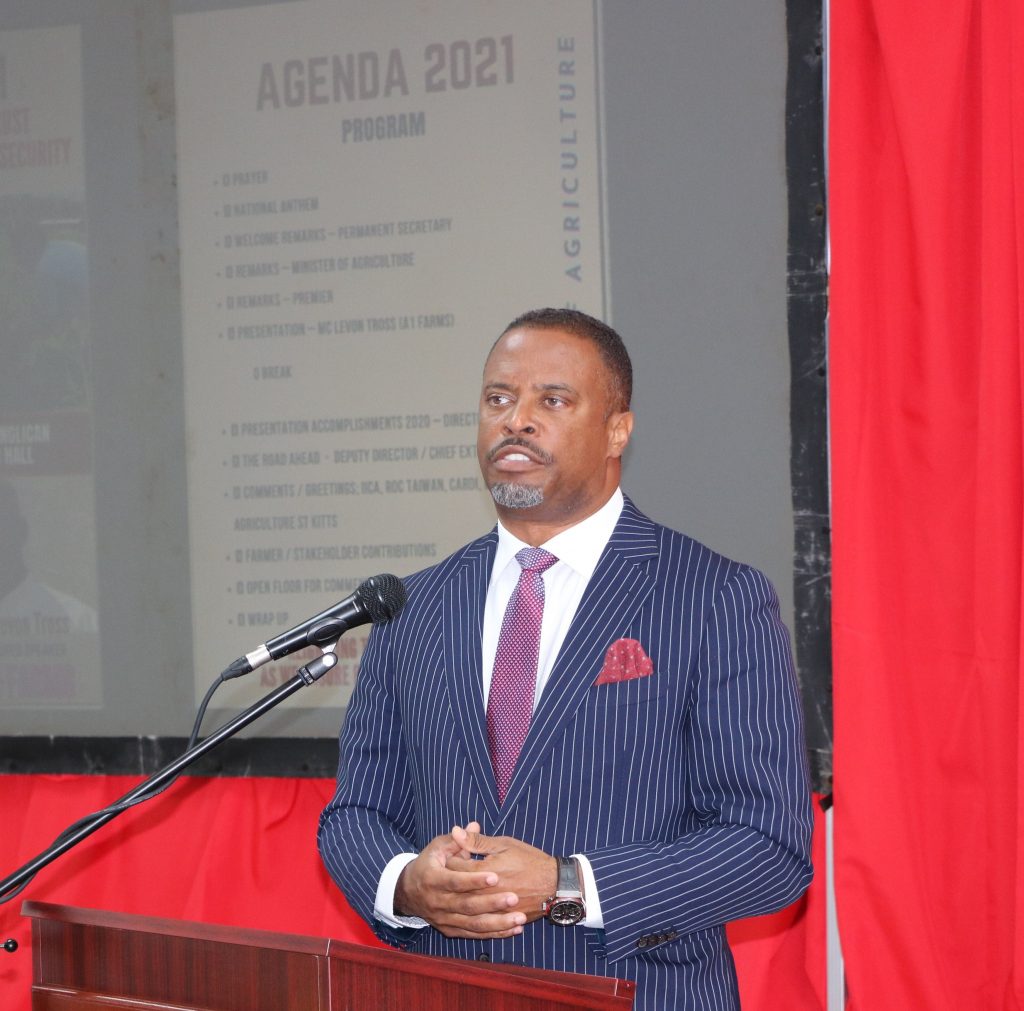 Hon. Mark Brantley, Premier of Nevis and Minister of Finance in the Nevis Island Administration delivering remarks at the Ministry of Agriculture’s Agenda 2021 forum on January 19, 2021, at the St. Pauls Anglican Church Hall in Charlestown