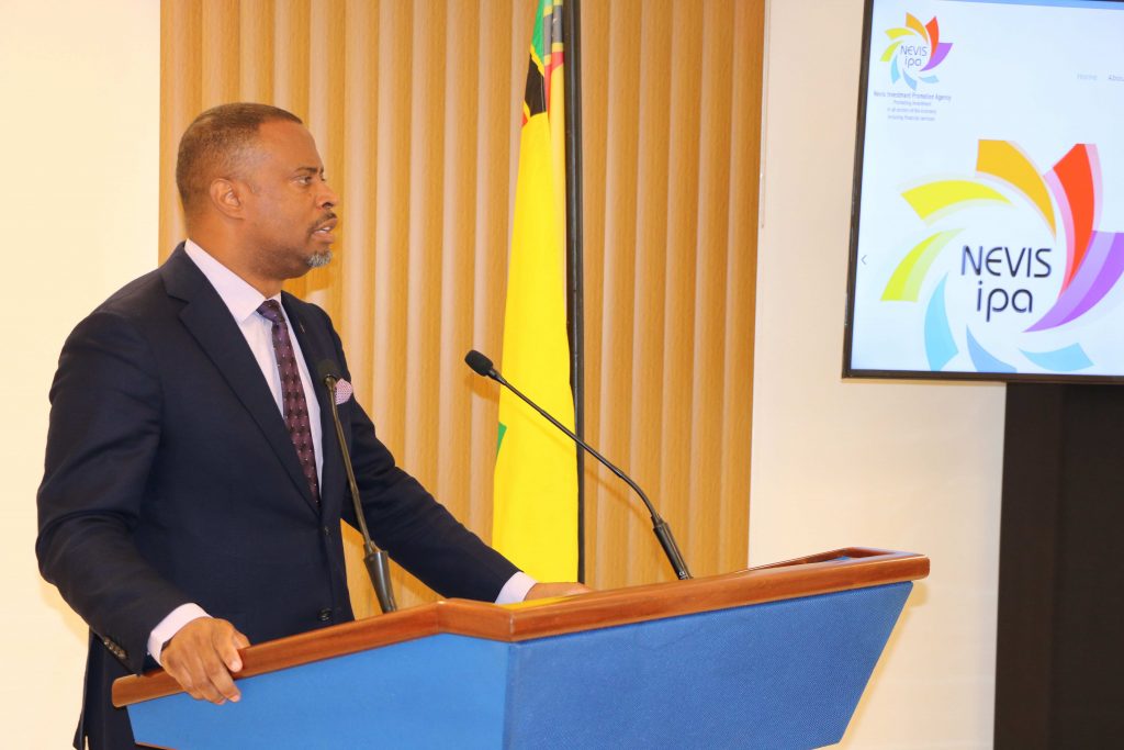 Hon. Mark Brantley Premier of Nevis and Minister of Finance and Foreign Investment delivering remarks at the Nevis Investment Promotion Agency’s new website launch on February 02, 2021, in Cabinet Room at Pinney’s Estate