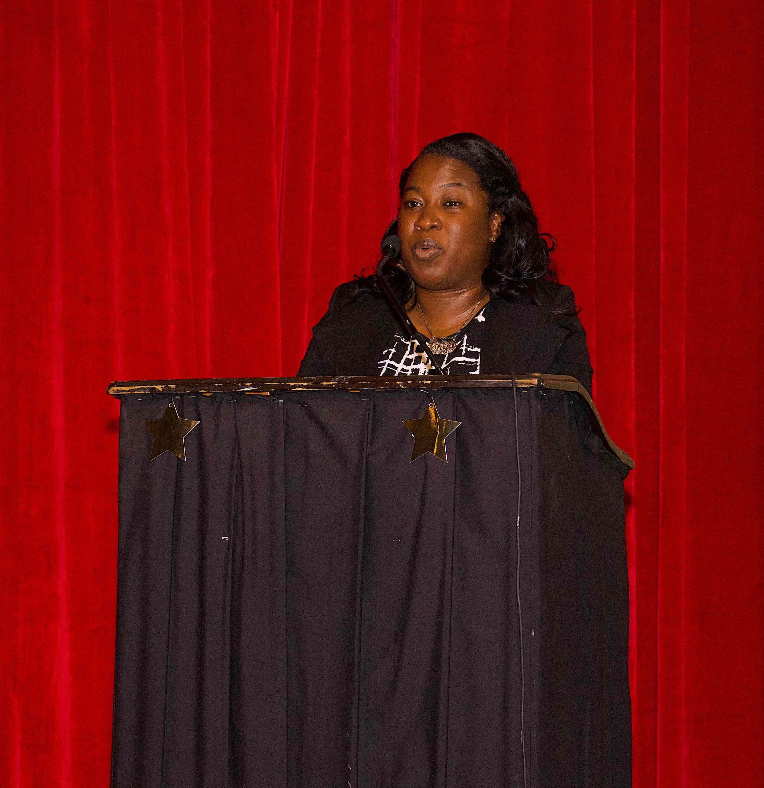 Ms. Tonya Bartlette, Manager of the Nevis Water Department delivering remarks at a retreat for staff at the Nevis Performing Arts Centre recently