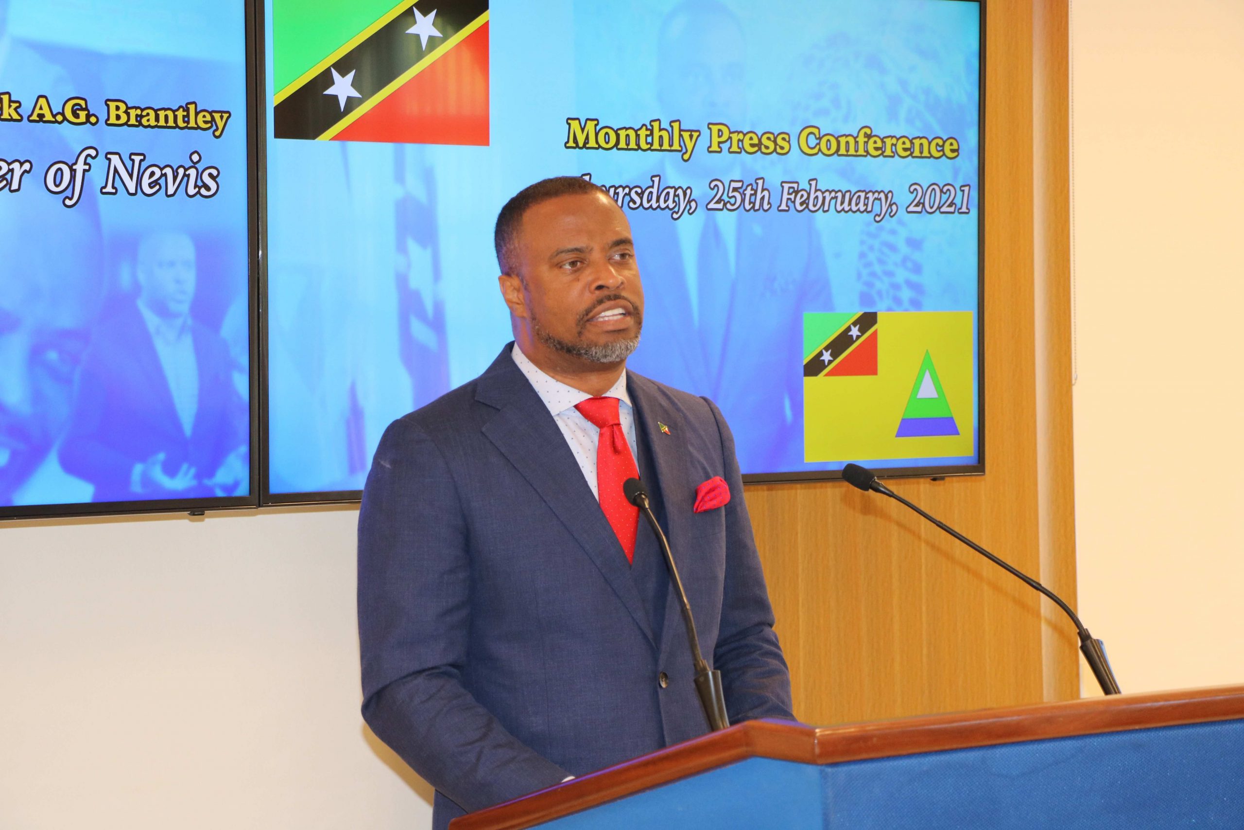 Hon. Mark Brantley, Premier of Nevis at his monthly press conference in Cabinet Room at Pinney’s Estate on February 25, 2021