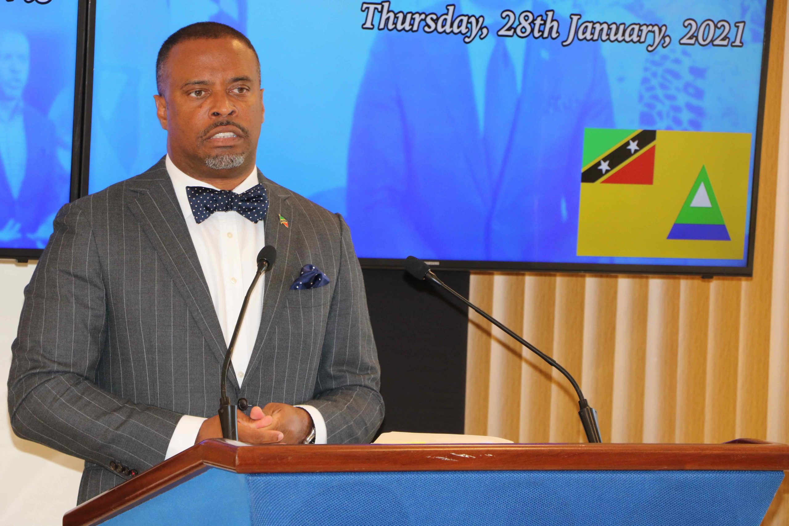Hon. Mark Brantley, Premier of Nevis at his monthly press conference on January 28, 2021, in Cabinet Room at Pinney’s Estate