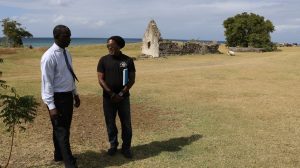 (l-r) Mr. John Hanley, Permanent Secretary in the Ministry of Tourism in the Nevis Island Administration and Heritage Team leader Mr. Sylvester Meade at Fort Charles Heritage Site on the southern outskirts of Charlestown recently