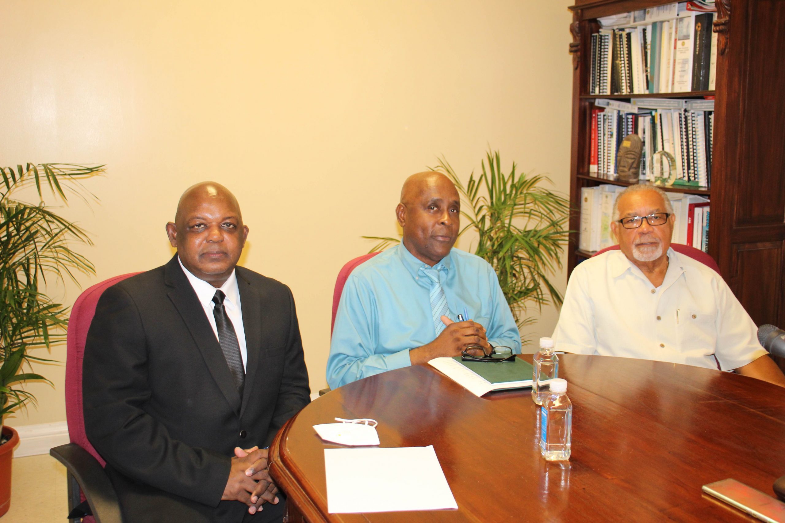 (L-r) Mr. Albert Gordon, the new General Manager of the Nevis Electricity Company Limited; Mr. Stedmond Tross, Chairman of the Board of Directors of the Nevis Electricity Company Limited; and Mr. Elford Felix, Generation Management Consultant and interim General Manager of the Nevis Electricity Company Limited at the company’s Board Room on February 22, 2021