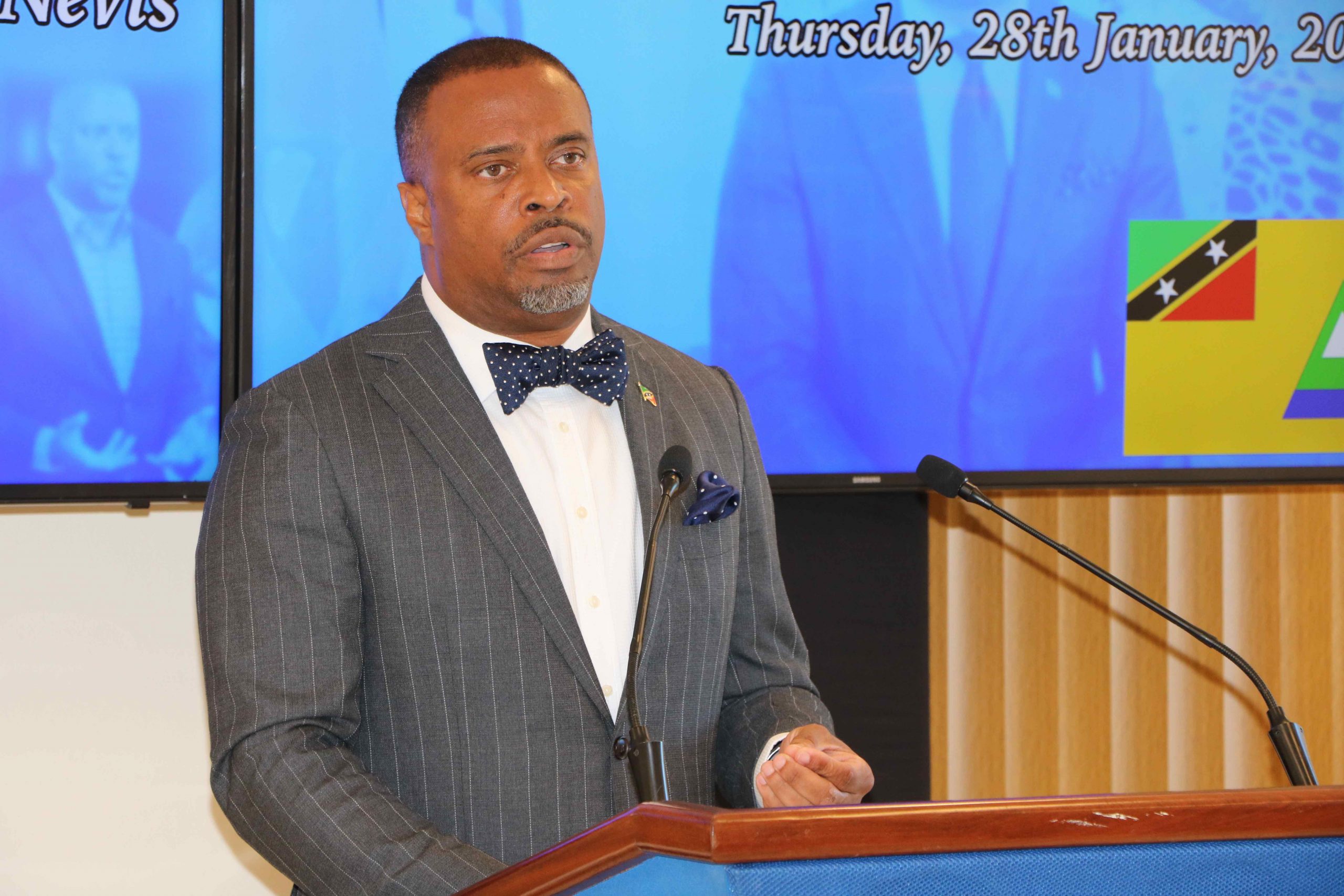 Hon. Mark Brantley, Premier of Nevis at his monthly press conference in January (file photo)