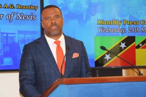 Hon. Mark Brantley, Premier of Nevis at his monthly press conference in Cabinet Room at Pinney’s Estate on March 24, 2021