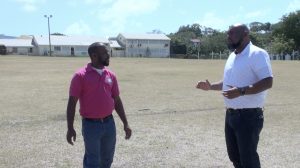 (L-r) Mr. Steve Reid, Chief Extension Officer in the Department of Agriculture and Mr. Huey Sargeant, Permanent Secretary in the Ministry of Agriculture on Nevis visiting the Villa Grounds in Charlestown on March 19, 2021, the venue for Agrofest on March 26 