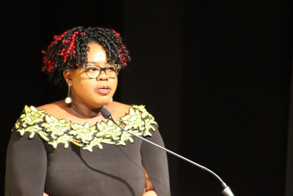 Hon. Hazel Brandy Williams, Junior Minister in the Ministry of Health and Gender Affairs in the Nevis Island Administration delivering remarks at the ministry’s Women’s Month Awards Ceremony on March 25, 2021 at the Nevis Performing Arts Centre