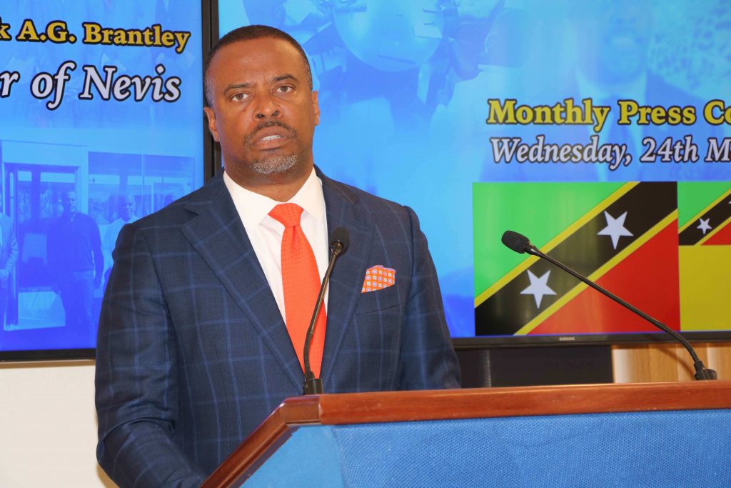 Hon. Mark Brantley, Premier of Nevis addressing the media at an earlier press conference in Cabinet Room at Pinney’s Estate