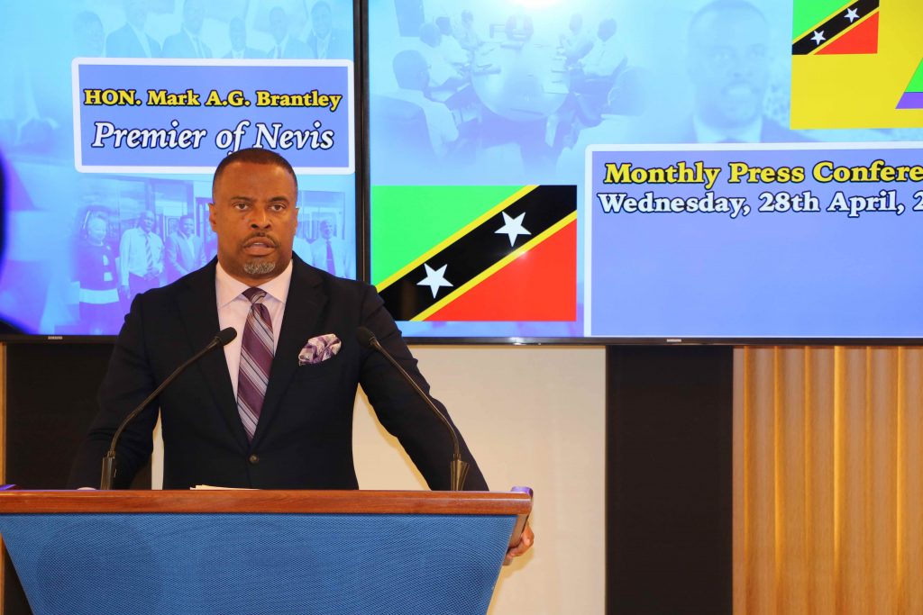 Hon. Mark Brantley, Premier of Nevis, at his monthly press conference in Cabinet Room at Pinney’s Estate on April 28, 2021