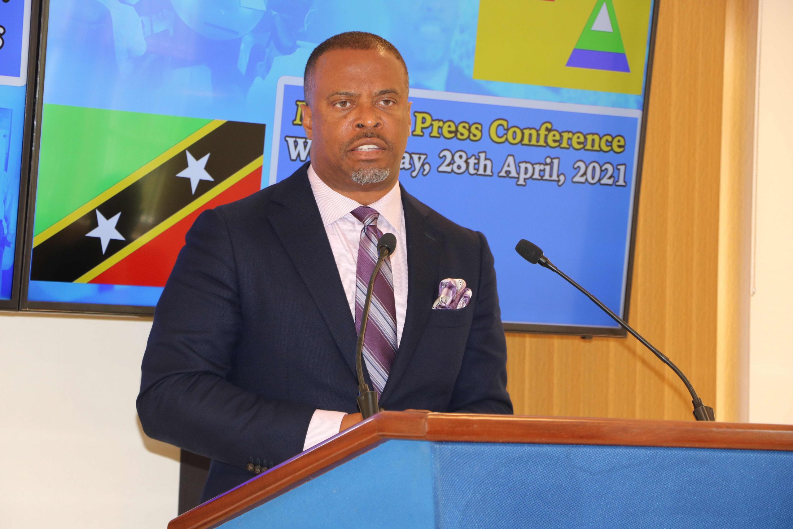 Hon. Mark Brantley, Premier of Nevis, at his monthly press conference in Cabinet Room at Pinney’s Estate on April 28, 2021