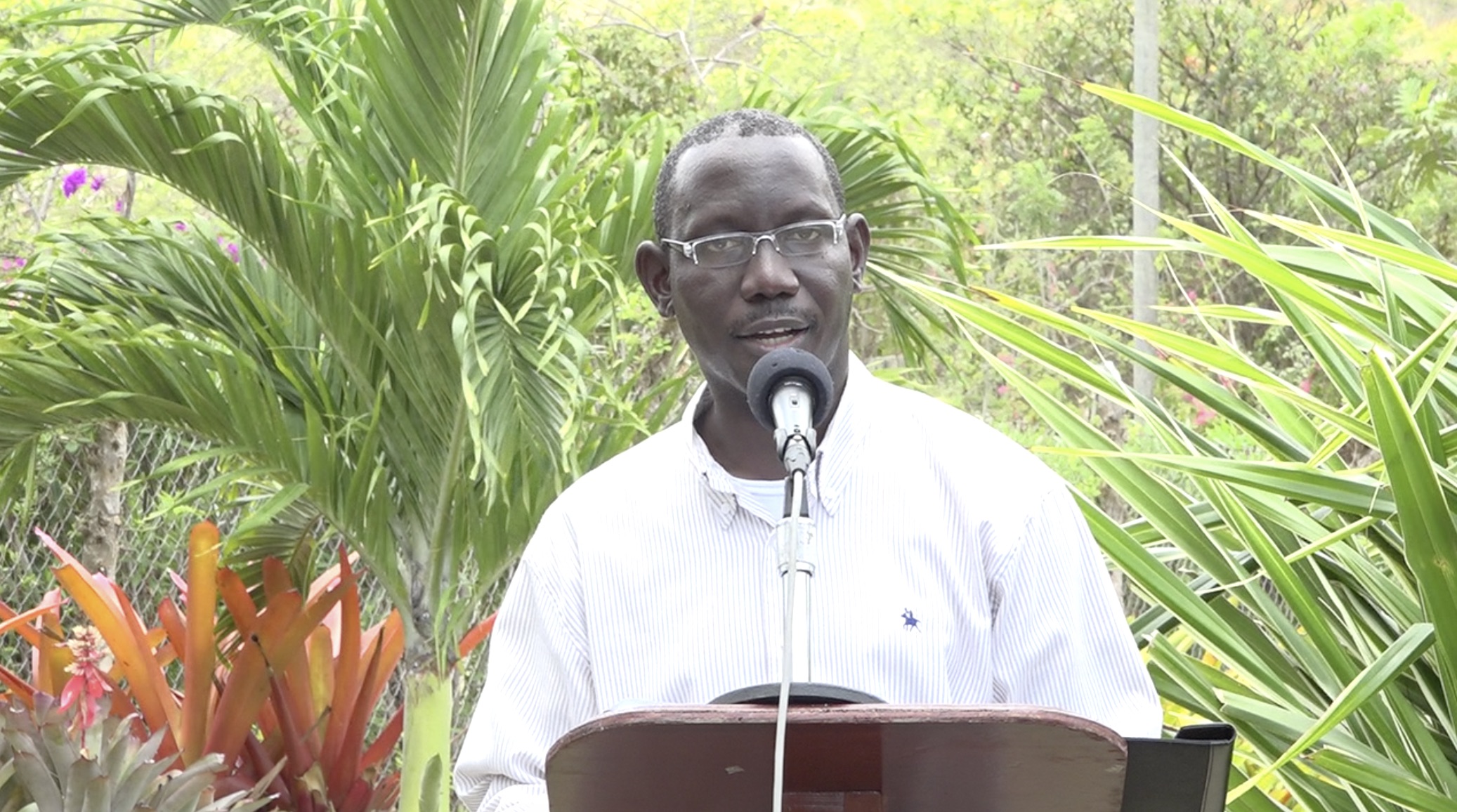 Mr. John Hanley, Permanent Secretary in the Ministry of Tourism delivering remarks at the launch of the Nevis Garden Competition on April 16, 2021, at the Nevisian Heritage Village in Gingerland