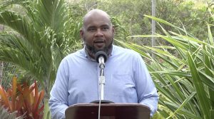 Mr. Huey Sargeant, Permanent Secretary in the Ministry of Tourism delivering remarks at the launch of the Nevis Garden Competition on April 16, 2021, at the Nevisian Heritage Village in Gingerland