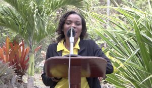 Ms. Vanessa Webbe, Tourism Education Officer in the Ministry of Tourism and head of the Community Tourism team chairperson at the launch of the Nevis Garden Competition on April 16, 2021, at the Nevisian Heritage Village in Gingerland