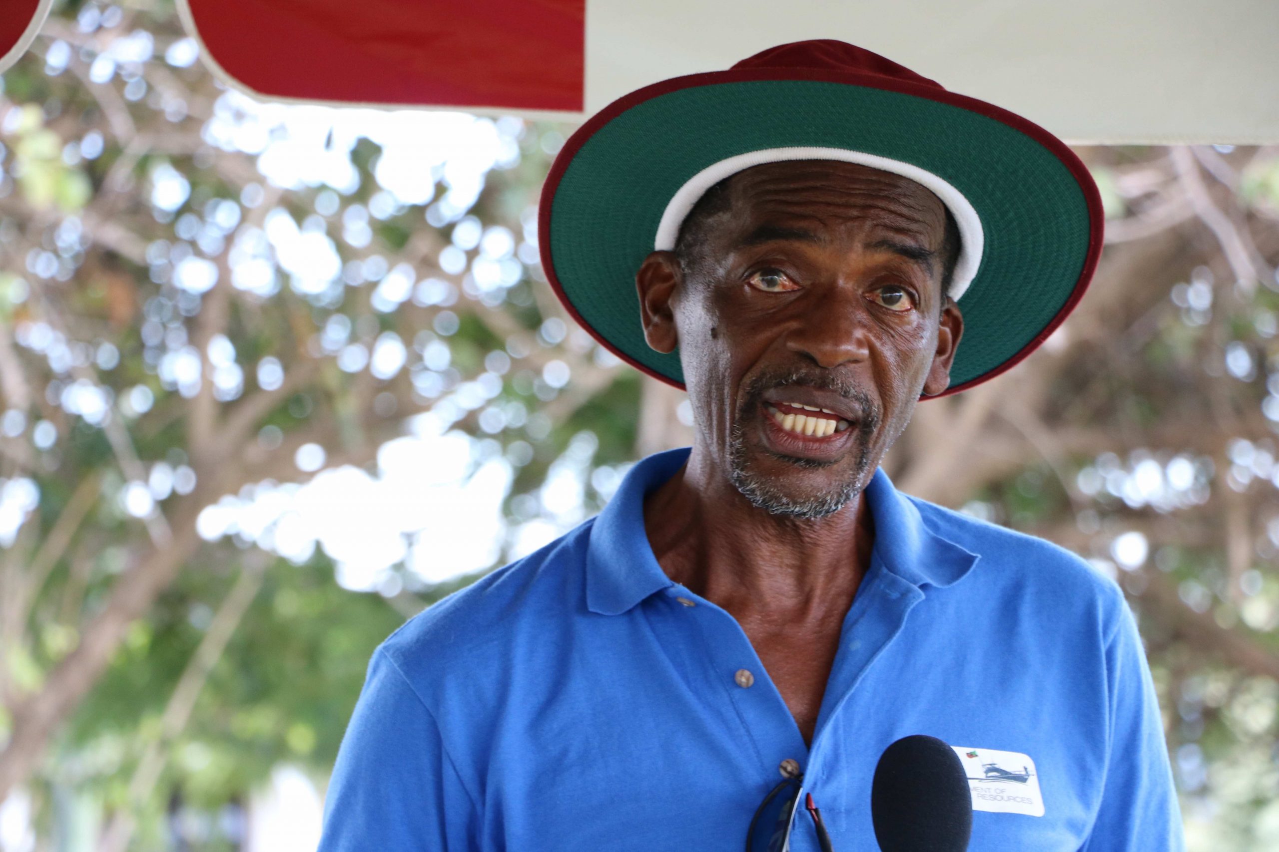 Mr. Lemuel Pemberton, Deputy Director of the Department of Marine Resources, on May 08, 2021 at the Jessups playing field attending the Fish Trap Making Workshop hosted by the Department of Gender Affairs in collaboration with the Jessups, Cotton Ground, Barnes Ghaut Fisherfolk Association and his department