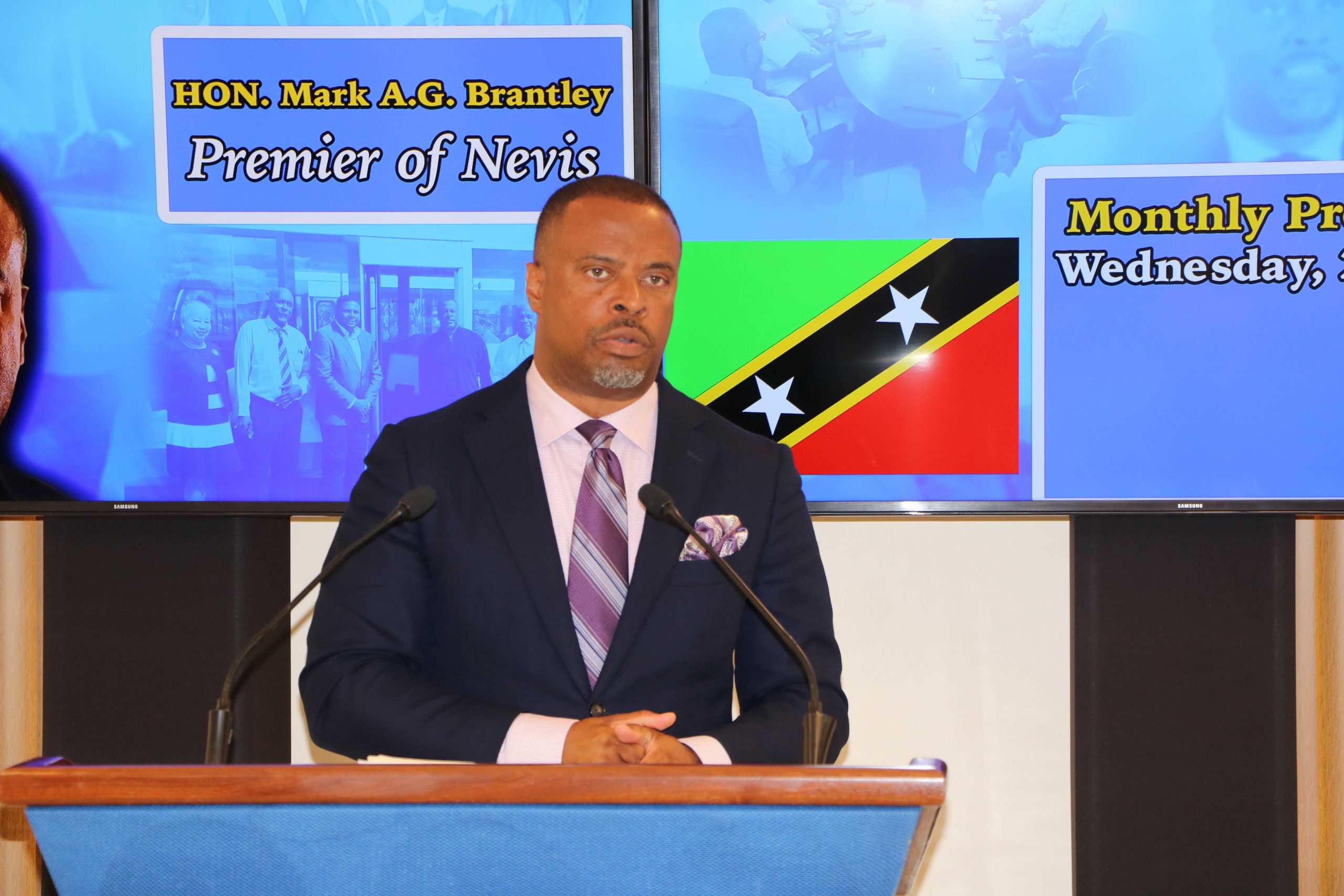 Hon. Mark Brantley, Premier of Nevis at his April 2021 press conference in Cabinet Room at Pinney’s Estate