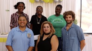 Winners in the Ministry of Tourism’s first Creative Seafood Dish Competition (back row L-R) Winner, Ms. Jermella Browne; in second place Ms. Davinsia Bartlette; and in third place Ms. Marcella Browne with judges (l-r) Executive Chef Michael Henville, Behnaz Ghanbari and Vernon Dubner.