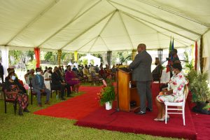 Dr. the Hon Timothy Harris, Prime Minister of St. Kitts and Nevis, delivering remarks at the Investiture Ceremony at Government House in St. Kitts on August 17, 2021