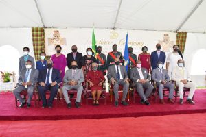 The awardees of the 2020 Medal of Honour (back row) with Sir Tapley Seaton, Governor General of St. Kitts and Nevis (fourth from right); Her Honour Hyleeta Liburd, Deputy Governor General on Nevis (fifth from right); Hon. Michael Perkins, Speaker of the St. Kitts and Nevis National Assembly (third from left); Dr. the Hon. Timothy Harris, Prime Minister of St. Kitts and Nevis (third from right) and other members of the Federal Cabinet at the Investiture Ceremony at Government House in St. Kitts on August 17, 2021