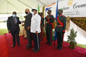 Mr. Hilroy Patrick Brandy, Commissioner of the Royal St. Christopher and Nevis Police Force with the Queen’s Police Medal (QPM) for his contribution to policing and leadership at an Investiture Ceremony at Government House in St. Kitts on August 19, 2021