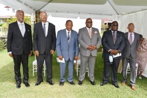 Dr. the Hon. Timothy Harris Prime Minister of St. Kitts and Nevis (fourth from right) with other honourees including Police Commissioner Hilroy Patrick Brandy (second from left) and Mr. Colin D.A Tyrell (extreme left) were invested with Queen Elizabeth II New Year Honours at an Investiture Ceremony at Government House in St. Kitts on August 19, 2021