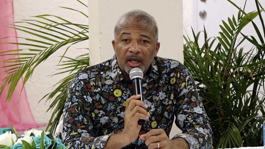 Hon. Spencer Brand, Minister of Communications and Works on Nevis addressing Bath Village residents at a town hall meeting on September 02, 2021