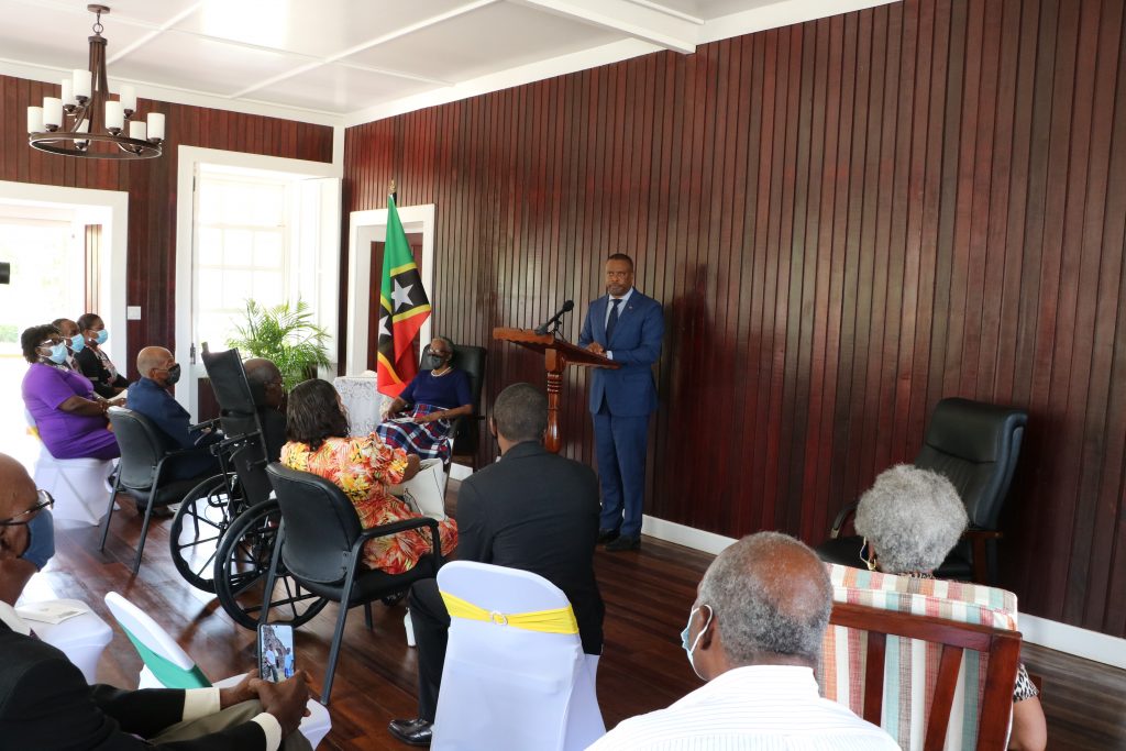 Hon. Mark Brantley, Premier of Nevis delivering remarks at the Investiture Ceremony for Dr. Albert Linton Liburd Sr. at Government House at Bath Plain on September 09, 2021