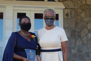 (L-r) Mrs. Palsy Wilkin with Her Honour Mrs. Hyleeta Liburd, Deputy Governor General on Nevis at the end of an Awards Ceremony at Government House on September 20, 2021. Mrs Wilkin was one of 11 Nevisians presented with a plaque by Her Honour for their sterling contributions in St. Kitts and Nevis on the occasion of the Federation's 38th Anniversary of Independence