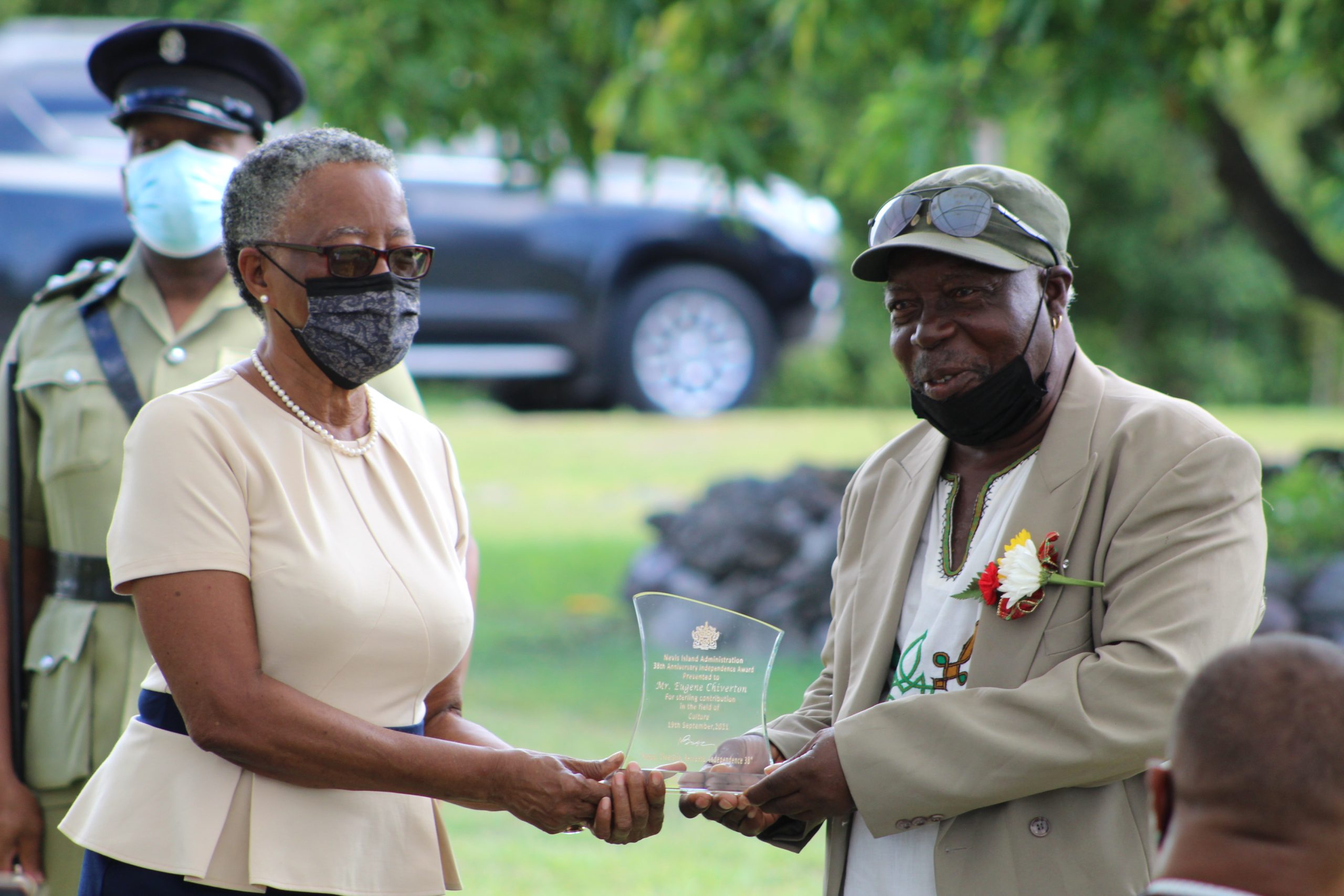 Mr. Eugene “Chevy” Chiverton of Brown Hill Village receiving a plaque in recognition of his contribution in the field of Culture from Her Honour Mrs. Hyleeta Liburd, Deputy Governor General in Nevis at an Awards Ceremony on September 20, 2021, at Government House on the occasion of the 38th Anniversary of Independence of St. Christopher and Nevis