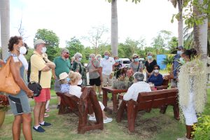 Visiting passengers from the MS World Navigator cruise ship at the start of a 45-minute tour of the Nevis Botanical Gardens at Pond Hill in Nevis on October 24, 2021