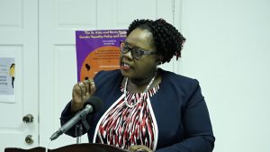 Hon. Hazel Brandy-Williams, Junior Minister of Gender Affairs in Nevis, delivering remarks during a ceremony on November 16, 2021, to launch the Department of Gender Affairs’ Boys' Mentorship Programme