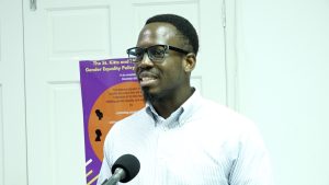 Mr. Mario Phillip, Gender Affairs Officer and coordinator of the Boys' Mentorship Programme on Nevis, at the launching ceremony of the programme at the Department of Gender Affairs Conference room on November 16, 2021