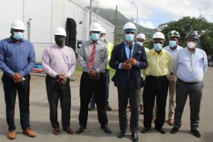 Members of the Nevis Island Administration Cabinet (l-r) Hon. Troy Liburd; Deputy Premier Hon. Alexis Jeffers; Mr. Stedmond Tross, Chairman of the Nevis Electricity Company Limited Board of Directors; Hon. Mark Brantley, Premier of Nevis and Minister of Public Utilities and Energy with Mr. Earl Springett, Generation Manager and Project Manager; Mr. Ian Ward, Chief Engineer, (bac row) Wӓrtsilӓ experts and Mr. Jevon Eaton, Generation Superintendent and Assistant Project Manager during a tour of the Prospect Power Plant on December 02, 2021