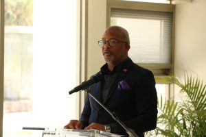 Hon. Spencer Brand delivering an address on behalf of Hon. Mark Brantley, Premier of Nevis, to official open Gender Expo ’22 at the Malcolm Guishard Recreational Grounds at Pinney’s on March 18, 2022