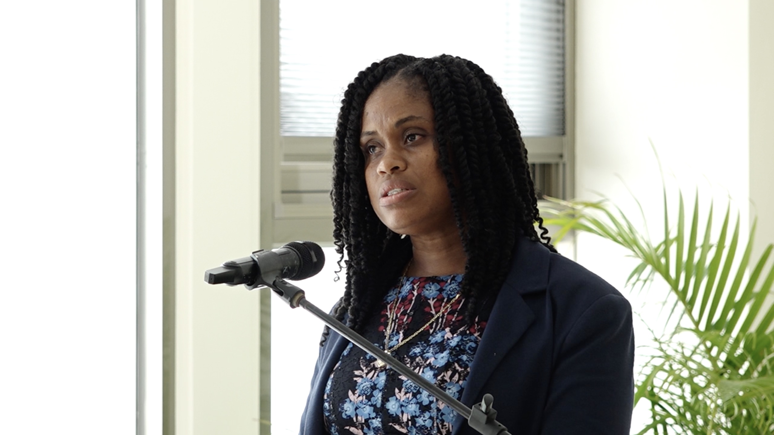 Ms. Latoya Jeffers, Assistant Secretary in the Ministry of Health and Gender Affairs, delivering an address on behalf of Hon. Hazel Brandy-Williams, Junior Minister of Health and Gender Affairs in the Nevis Island Administration at Gender Expo '22 at the Malcolm Guishard Recreational Park on March 18, 2022