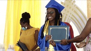 Ms. Jahkéla Barrett, Valedictorian of the Charlestown Secondary School Graduating Class of 2021 moments after receiving her certificate at the graduating ceremony at the Nevis Cultural Village on March 02, 2022