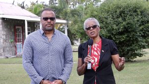 (L-r) Hon. Mark Brantley, Premier of Nevis and Her Honour Hyleeta Lyburd, Deputy Governor General on Nevis, after planting ornamental trees at Government House at Bath Plain on March 14, 2022 in commemoration of Commonwealth Day 2022