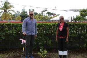 (L-r) Hon. Mark Brantley, Premier of Nevis and Her Honour Hyleeta Lyburd, Deputy Governor General on Nevis after planting ornamental trees at Government House at Bath Plain on March 14, 2022 in commemoration of Commonwealth Day 2022