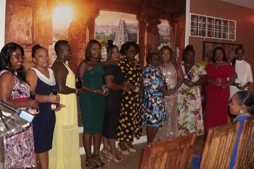 Hon. Hazel Brandy-Williams (middle) flanked by her 12 awardees at the first St. James’ Women of Entrepreneurial Excellence Awards on April 07, 2022 at the Indian Summer restaurant in Cades Bay